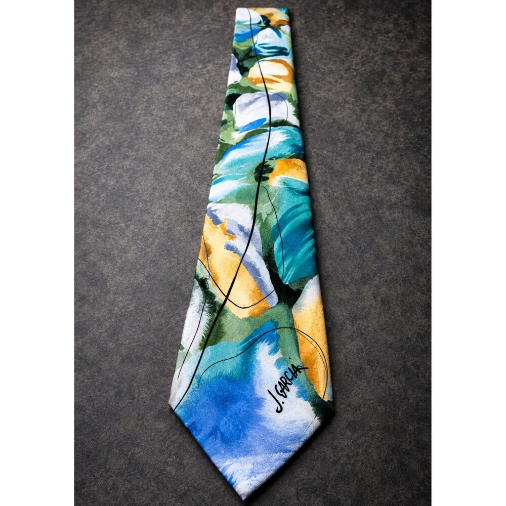 Jerry Garcia Tie 100% Silk Watercolor Abstract Art Necktie Blue Green Yellow